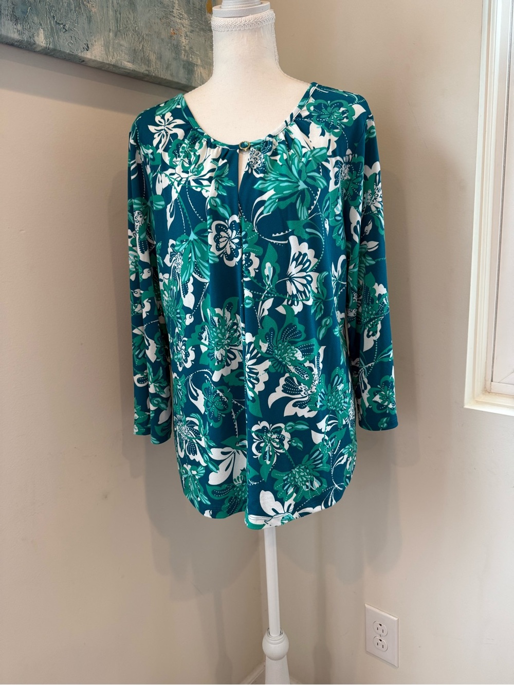 Liz Claiborne Teal & White Floral Scoop-Neck Blouse